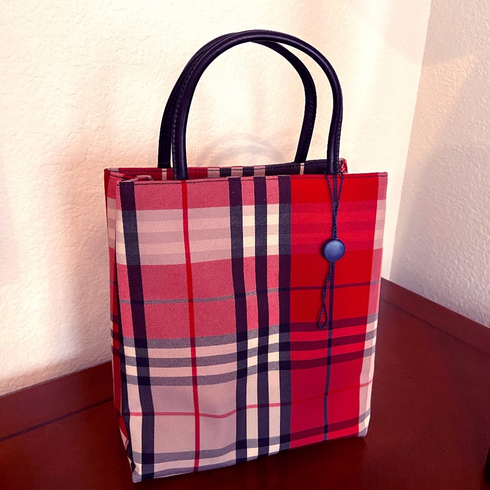 Burberry Small Red Plaid Tote Bag